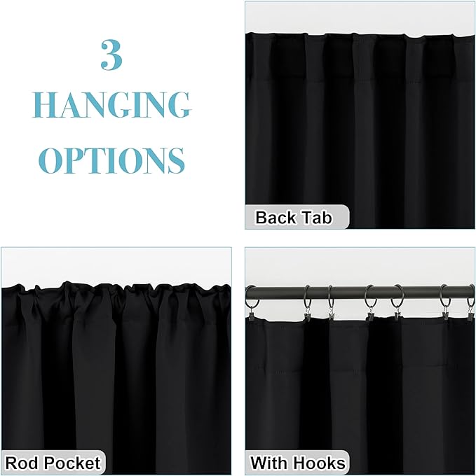 RYB HOME Small Window Curtains Blackout, Privacy Thermal Insulating Drapes for Bedroom Bathroom Basement Cafe Classroom Window Decor, W 34 x L 45 inches, Black, 2 Panels