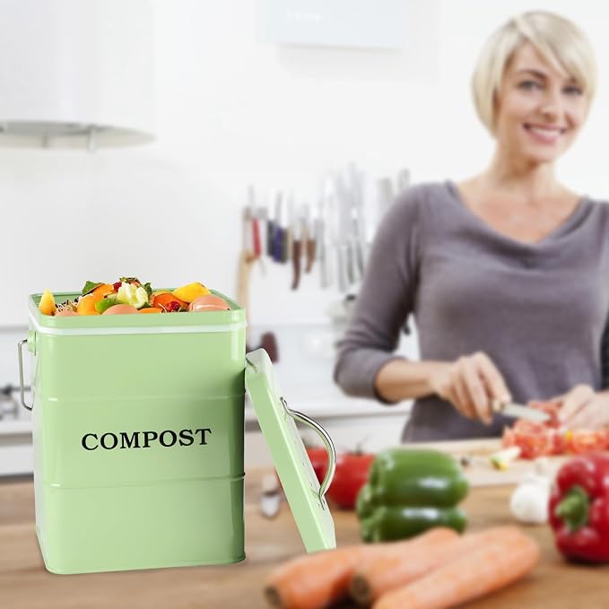 Compost Bin Kitchen Countertop Indoor Compost Pail Bucket, Great for Food Scraps, Carbon Steel, Handles, Green, 1 Gallon - Includes Charcoal Filter