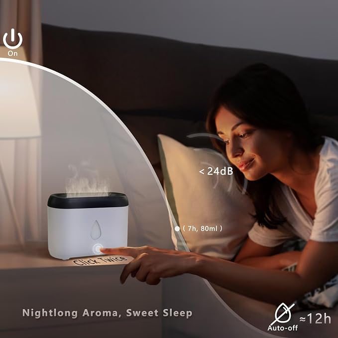 Flame Diffuser for Essential Oils, 200ml Ultrasonic Aroma Diffusers with Cool Mist, Aromatherapy Diffuser with Auto-Off Protection, Small Humidifier for Home,Office,Bedroom,Gift (7 Colors White)