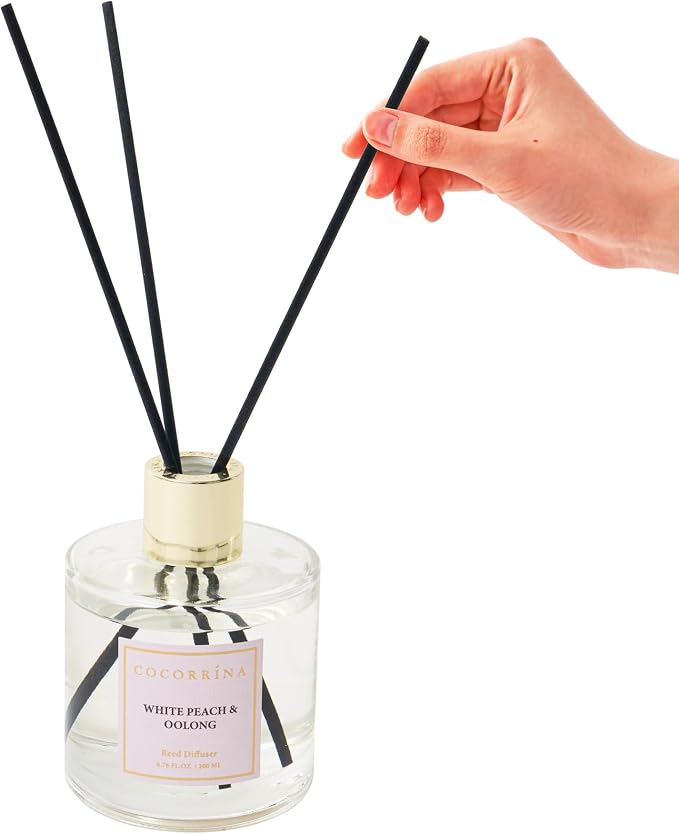 Flower Reed Diffuser - White Peach& Oolong 6.7oz Scented Diffuser with Sticks Home Fragrance Essential Oil for Bathroom Shelf Decor (Artificial Flower)