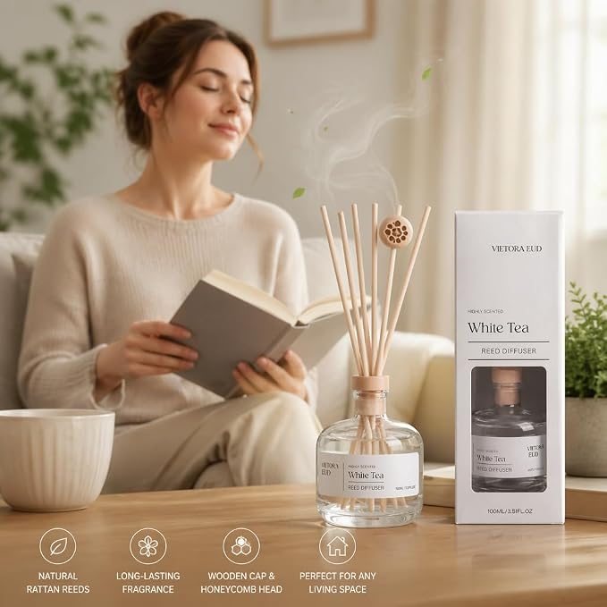 White Tea Reed Diffuser, 3.5 Fl Oz | Long-lasting Fragrance Oil,Air Freshers for Bedroom, Bathroom, Living Room or Office; Gift-ready.