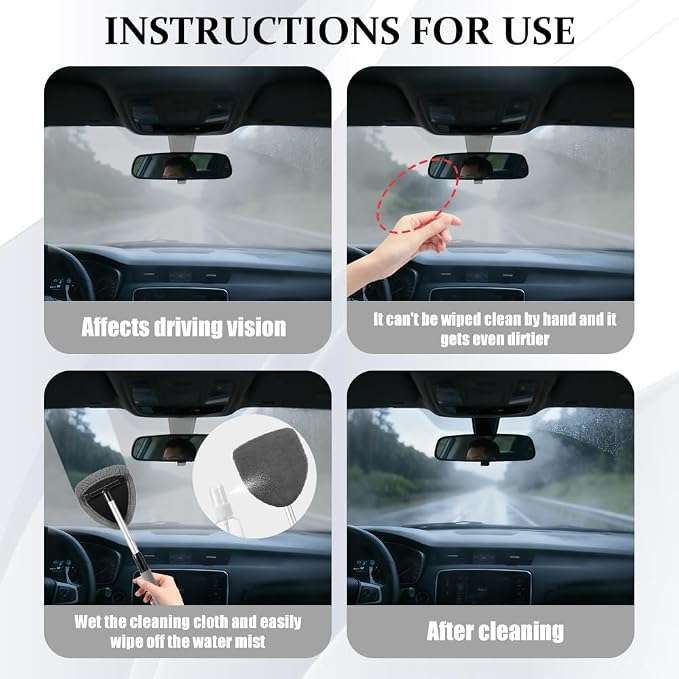 Windshield Cleaning Tool, Car Window Cleaner, Vehicle Window Cleaner with Extendable Handle & 2 Washable Microfiber Pads, Car Interior Glass Wiper Cleaning Kit for Most Vehicles (StyleB)