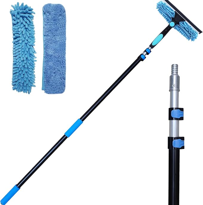 20 Ft+ Reach 2 In 1 Window Squeegee Duster with 5-to-12 Foot Extension Pole, Cleaner Tool with 3-Stage Telescoping Pole, Cleaning Kit with Rotatable Head - Chenille Cloth + Microfibre Cloths Head