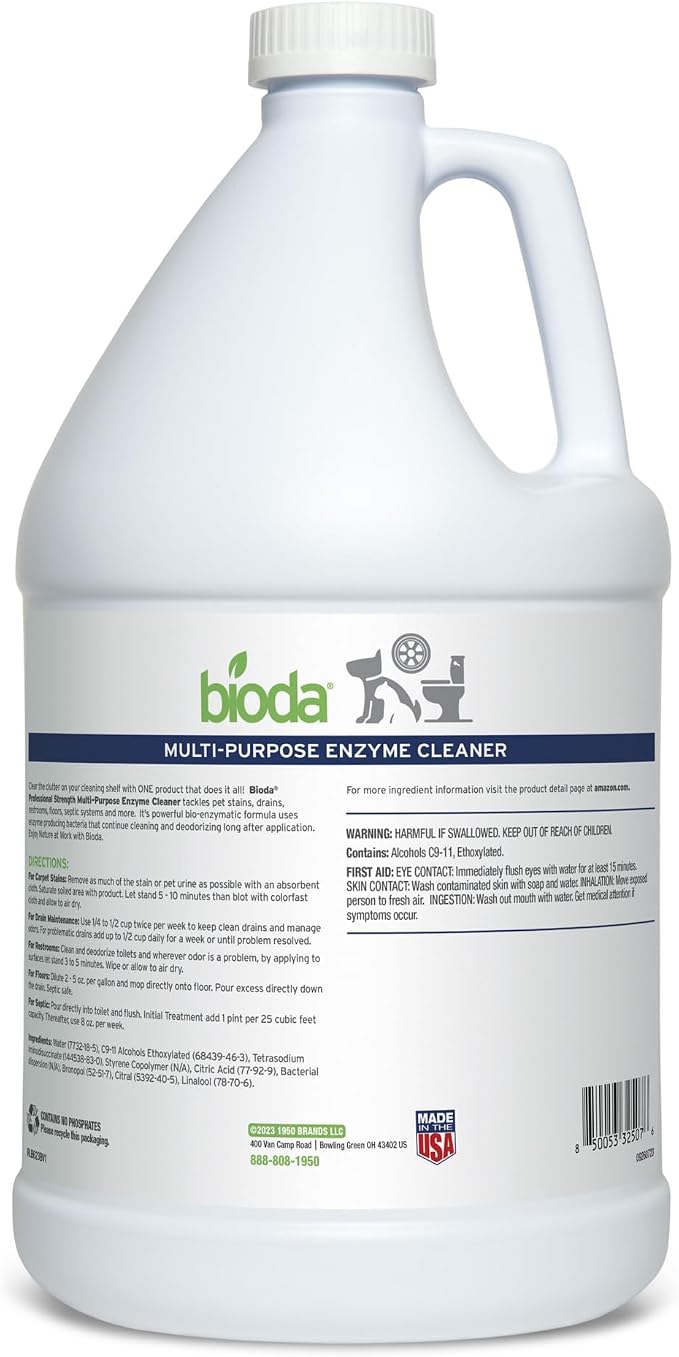 Bioda Multi-Purpose Probiotic Enzyme Cleaner and Deodorizer | Professional Strength | Trash Can Deodorizer, Pet Stains and Odors, Drains, Floors, Bathrooms, Toilets | Made in USA | 1 Gallon | 4 Pack