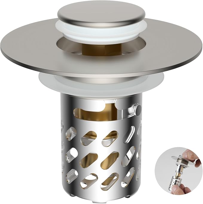 iFealClear All Metal Bathroom Sink Stopper, Pop Up Sink Drain Strainer with Removable Stainless Steel Filter Basket, Universal for 1.1"-2.36" US Sink, Brass Bounce Core, Hair Catcher, Brushed Nickel
