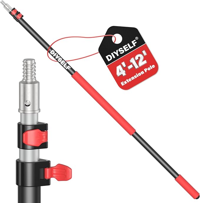 DIYSELF 12 FT Paint Extension Pole, 4.8-12 Ft Adjustable Telescoping Pole | Painting Extension Pole, High Reach Painting, Cleaning, Dusting, Windows & Gutter Cleaning, Comfortable Grip