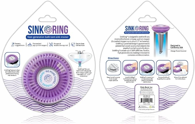 SinkRing Bathroom Sink Drain Protector & Strainer for Sink Stoppers, Violet | Easy snap-in design. Precision clog-free trap prevents loss of earrings, jewelry or contacts. Fits 1.37" - 1.57" stoppers.