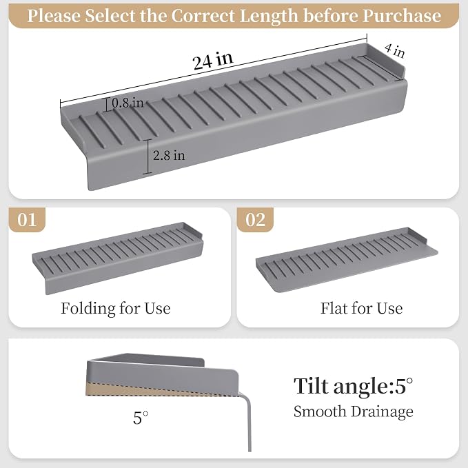 Sink Edge Protector with Suction Cup, 24" x 4", Silicone Sink Splash Guard for Kitchen & Bathroom, Protect Countertop from Scratches, Stains, for Stainless Steel Granite Quartz
