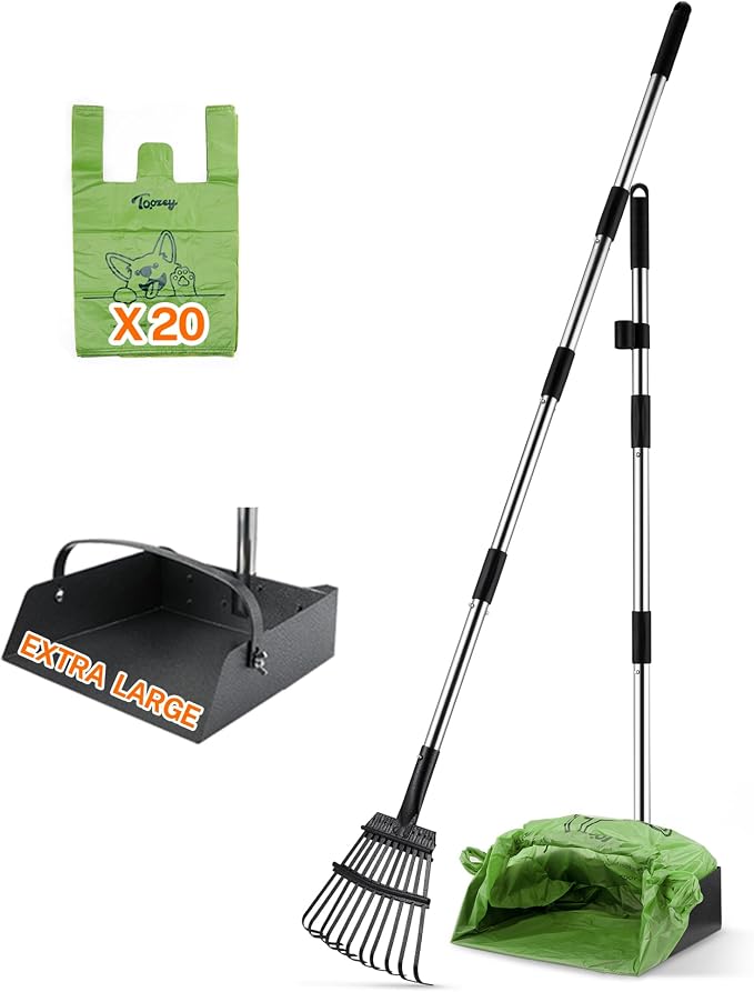 Toozey Dog Pooper Scooper for Large Dogs, Extra Large 54.33" Long Handle | Extra Reach for Taller Users | Less Bending Cleanup | Metal Tray & Rake | Fits Standard 13-Gallon Trash Bags