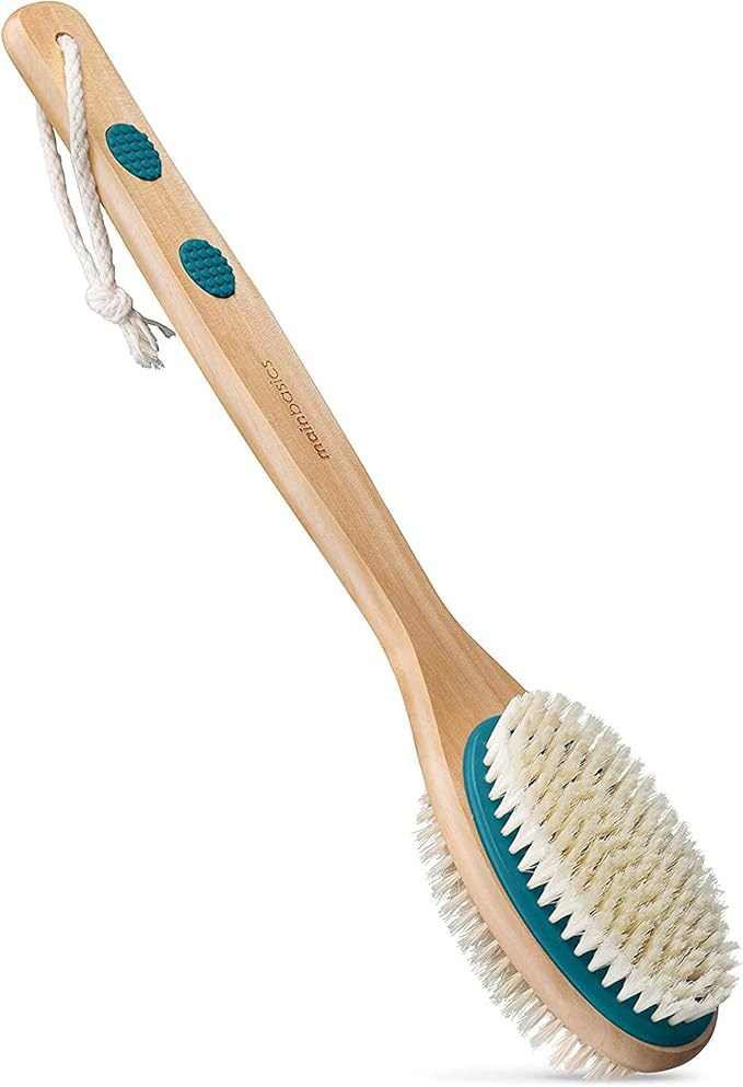 MainBasics Back Scrubber Shower Brush, Teal, Long Handle | Dual Sided Body Brush, Exfoliating Bristles and Soft Bristles, Back Scrubbing, Deep Cleaning