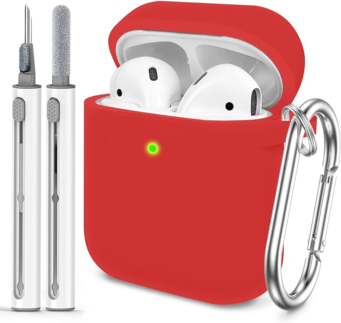 for AirPods 1/2 Case Cover,Come with Cleaner Kit,Soft Skin Silicone Case Cover with Keychain,Full Protective Case for Men and Women,Compatible with AirPods 2nd 1st Generation Case,Red