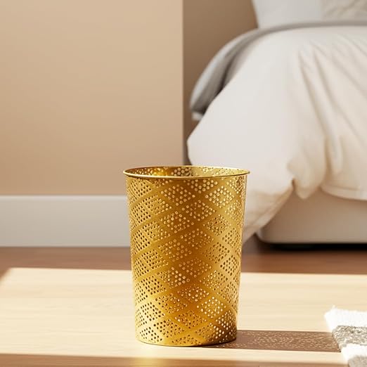Metal Gold Trash Can, Modern Cylindrical Waste Bin for Small Spaces | 7.28" D x 10" H Luxury Gold Garbage Can | Metal Waste Basket for Office Bathroom Bedroom Decor | Modern Home Accent