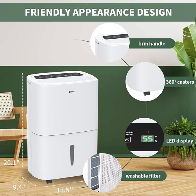 Shinco 6,000 Sq.Ft Energy Star Dehumidifier with WIFI, Ideal for Large Rooms and Home Basements, Efficient Moisture Removal with Adjustable Humidity Control, 1.32 Gallons Water Tank