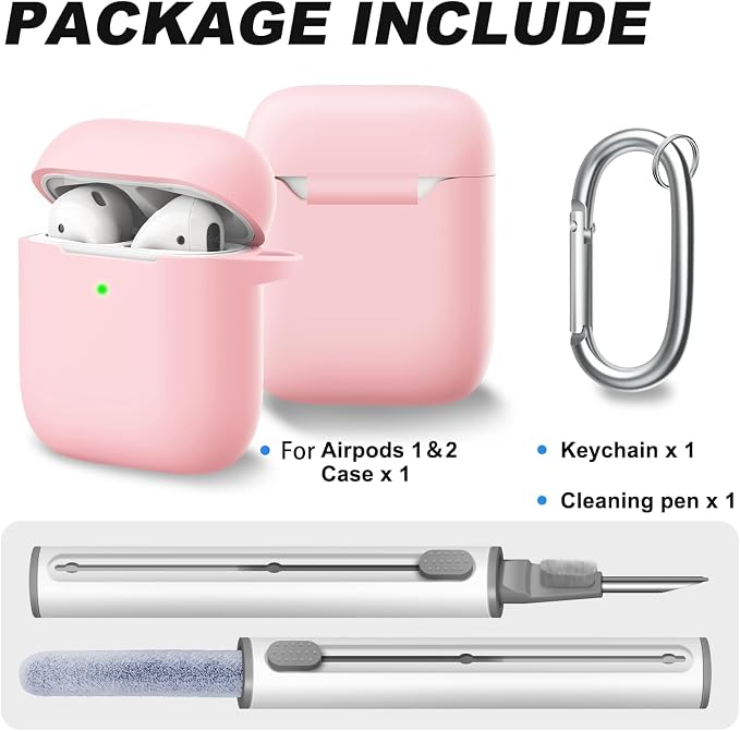for AirPods Case Cover, Come with Clean Pen，Soft Silicone Protective Cover with Buckle for Women Men Compatible with Apple AirPods 2nd 1st Generation Charging Case, Front LED Visible,Pink