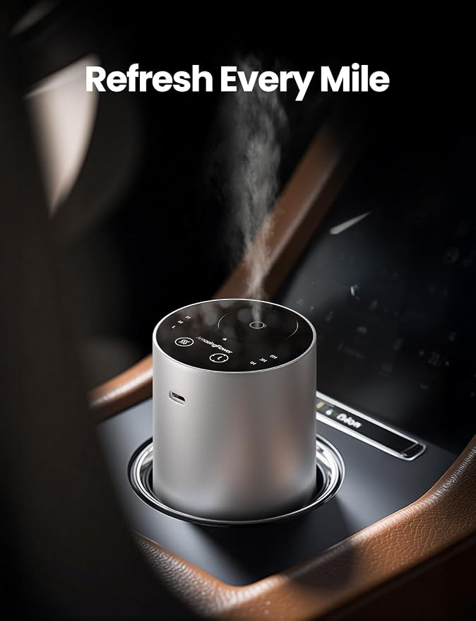 Waterless Essential Oil Diffuser, Rechargeable Car Scent Diffuser, Silver | Premium Aluminum Alloy Housing, Cordless, 3 Mist Levels, Timers, Portable Aromatherapy Diffuser for Home, Car & Office