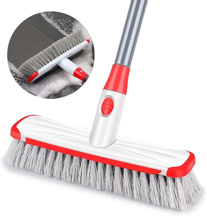 Floor Scrub Brush with Long Handle, Scrubbing Brush Squeegee Broom for Cleaning, 2 in1 Stiff Bristle Shower Scrubber Floor Squeegee for Pool Wall Tile(White)