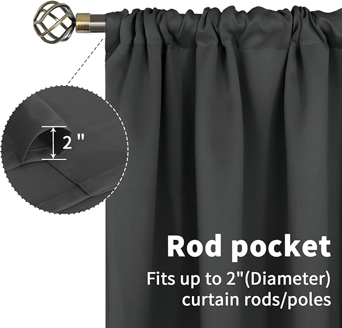 BGment Rod Pocket Blackout Curtains for Bedroom 72 Inch Long - Thermal Insulated Room Darkening Curtain for Living Room, 52 x 72 Inch, 2 Panels, Dark Grey