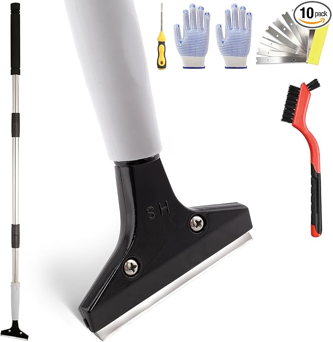 Floor Scraper Heavy Duty Long Handle,61in 4"Razor Blade Floor Scraper Adjustable with 10PCS Extra Metal Blades Paint Scraper for Cleaning Stickers Gum Glass Wall Tile Linoleum Stove Top