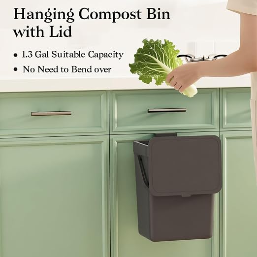 LALASTAR Countertop Compost Bin, Hanging Small Trash Can with Lid Under Sink for Kitchen, Food Waste Bin for Countertop, Mountable Garbage Can for Bathroom, RV, 5L/1.3 Gal,Sliding Lid, Black