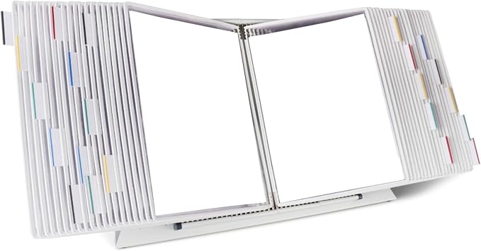 Tarifold Desktop Reference Display System, 40 Pockets, Expandable, White | 40 double-sided PVC pockets, holds 80 letter-size sheets, sturdy metal base, quick-find indexing, quick and easy to assemble