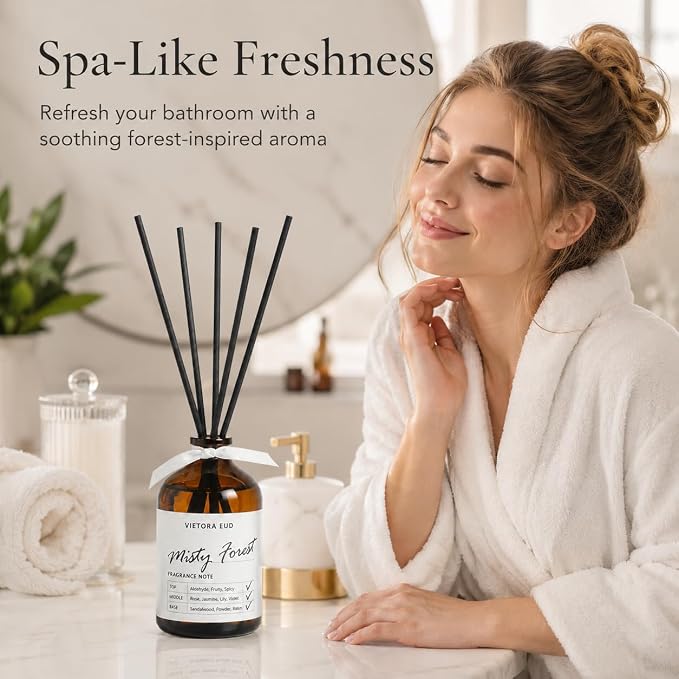 Misty Forest Reed Diffuser, 3.4 Fl Oz | Woody Forest Scent; Last for 12 Weeks for Bedroom, Bathroom, Living Room or Office; Gift-ready.