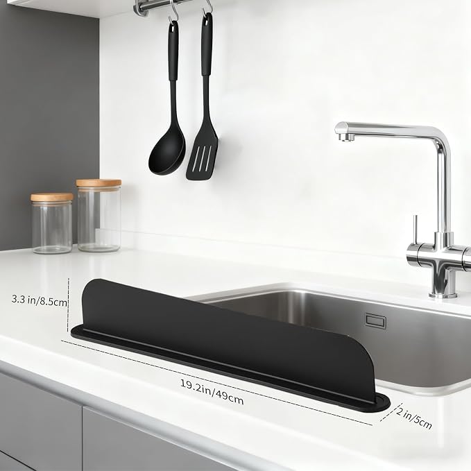 19.2inch(49cm) Silicone Sink Splash Guard, Sink Splash Guard with Suction Cup,Kitchen Sink Water Splash Guard, Kitchen Sink Splash Guard that Can Be Placed Behind (1, Black)