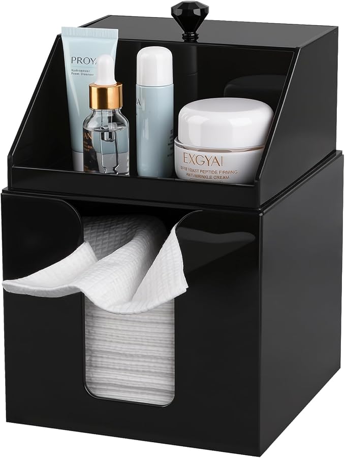Anyoifax Disposable Facial Towels Storage Double Layer Acrylic Box, Black | Face Towelettes Holder with Clean Skin Club Clean Towel XL Cotton Pads Container Qtip Bin for Bathroom Counter