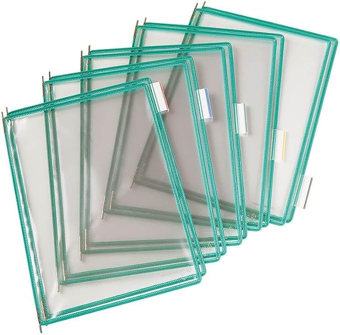 Tarifold Wall Mount Reference System, 10 Pockets, Expandable, Green | 10 double-sided PVC pockets hold 20 letter-size sheets, sturdy wall-mount bracket, snap-on index tabs, easy to install