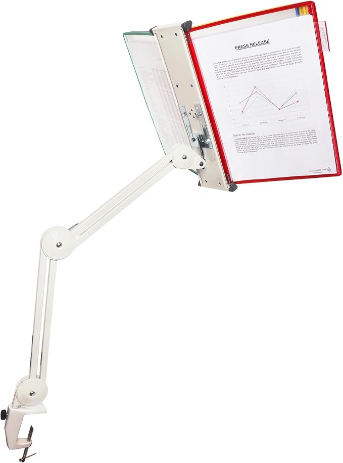 Tarifold Swing Arm Reference Display System, 10 Pockets, Assorted Colors | Adjustable swing arm with table clamp, 360-degree swivel design, 10 double-sided pockets, holds 20 letter-size sheets