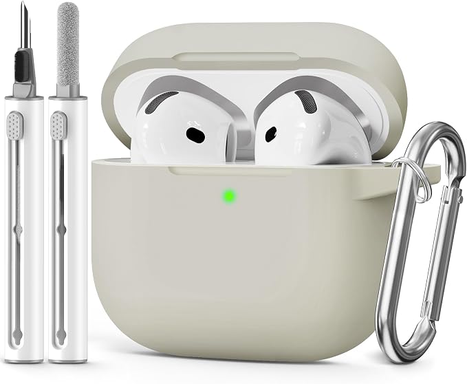 for AirPods 4 Case 2024 with Cleaner Kit & Keychain-Khaki | Silicone Protective Cover for Apple AirPods 4th Generation Case,for Women Men,One-Piece Design,Shockproof,Dust Proof