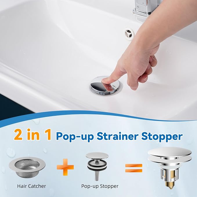 2 Pack Universal Metal Bathroom Sink Stopper, Hair Catcher Strainer, Chrome | Pop-Up Sink Drain Strainer with Detachable Filter, Drain Plug Fits 1.1"-2.36" US Basin, Large Cover Cap, Brass Bounce Core