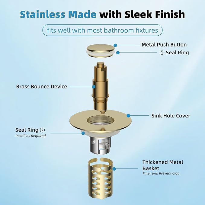 Upgraded Bathroom Sink Drain Strainer Hair Catcher 2PCS Universal 3 in 1 Pop-up Sink Stopper, Fit for 1.1''~2.36'' Basin Hole, with Detachable Stainless Steel Filter Basket, Brushed Gold