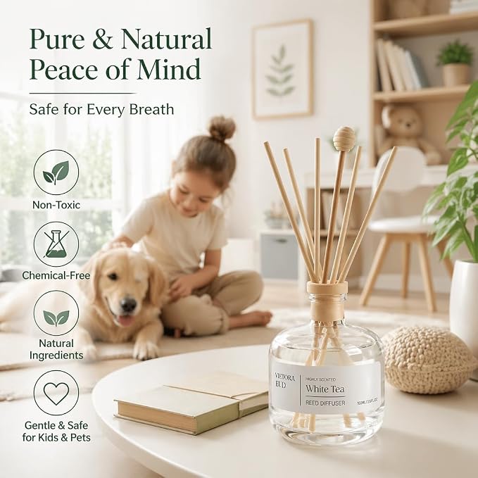 White Tea Reed Diffuser, 3.5 Fl Oz | Long-lasting Fragrance Oil,Air Freshers for Bedroom, Bathroom, Living Room or Office; Gift-ready.