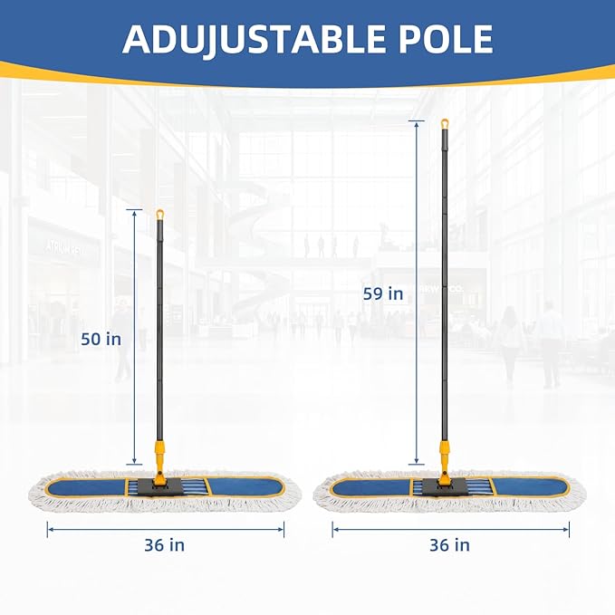 36" Commercial Dust Mop for Floor Cleaning, Heavy Duty Industrial Dry Dust Mop with 2 Mop Pads & 59" Long Handle, Professional Janitorial Cleaning Supplies for Home, Garage, Hotel, School, Gym
