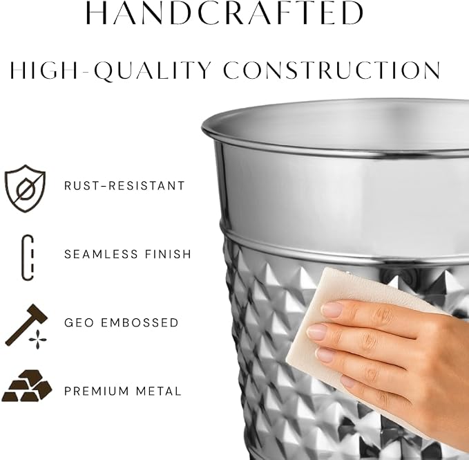 Monarch Abode Metal Bathroom Trash Can – Waste Basket for Bedroom, Office Desk, & Dorm, Handcrafted Geo Embossed, Durable Decorative Nickel Chrome Small Trash Can Bathroom Garbage Bin Wastebasket