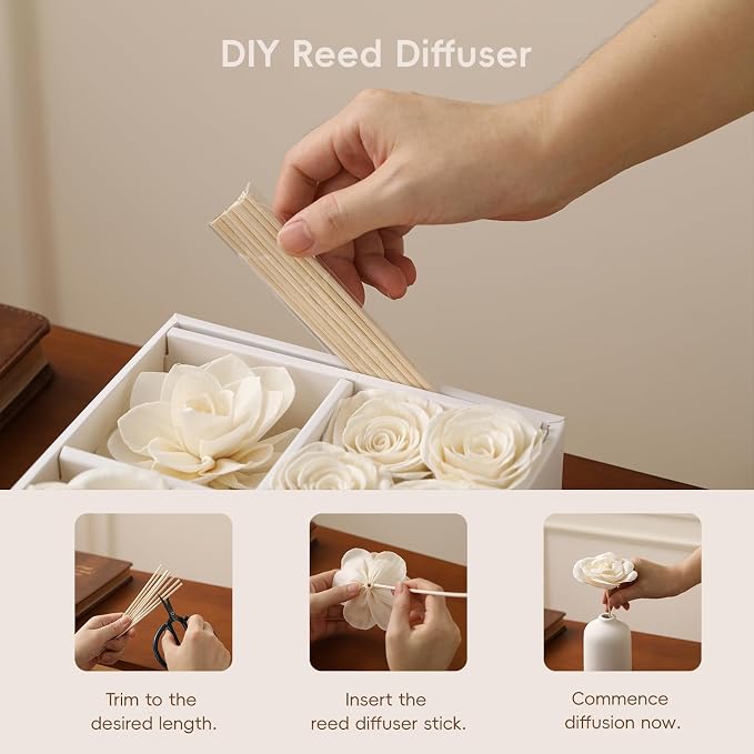 Flower Reed Diffuser Sola Wood Flowers Natural Material Aromatherapy Reed Decorative Aromatherapy Flower Refill Diffuser Reeds, 7Pcs Flower, 7Pcs Rope, 8 Pcs Diffuser Rattan (2-3.5 Inches, White)