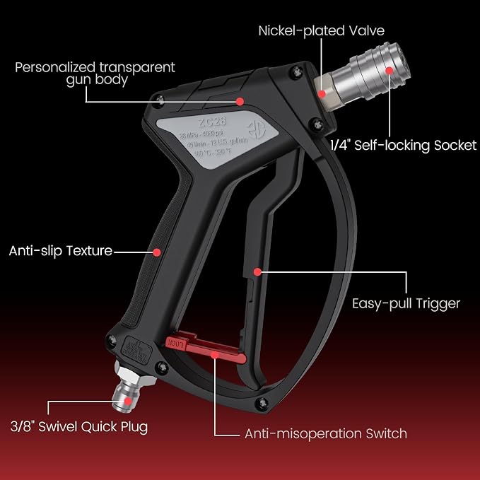 Short Pressure Washer Gun, Swivel Power Washer Gun 4060 PSI, Stubby Pressure Washer Gun with 3/8" Smooth & 1/4" Quick Connector Coupler Compatible with Hose Foam Cannon Car Wash Foam Gun（Black Grey）