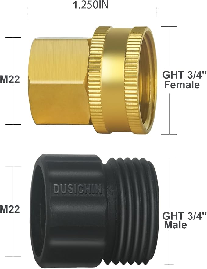DUSICHIN Garden Hose Fitting Pressure Washer Gun to Water Hose Adapter, 3/4 INCHES GHT Male and Female to Power Washer Wand Handle M22 Female Fitting 3/4" GHT to M22 Joint DUS2626