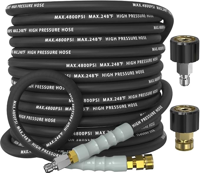 3/8" Pressure Washer Hose 25FT 4800 PSI, Kink Resistant Steel Braided Layer & NonMarking Rubber for Hot/Cold Water, High Power Washer Hose With 3/8 Inch Quick Connect & M22 Fitting, Black