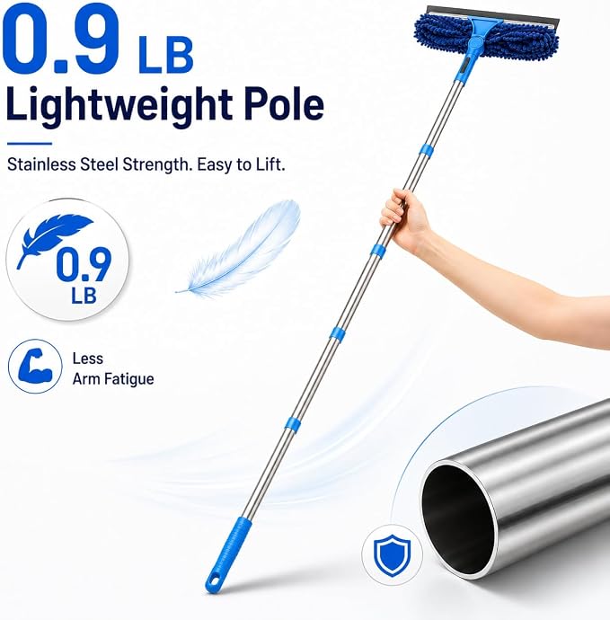2-in-1 Window Cleaning Kit with Bucket, Extension Pole & Squeegee | 86-in pole, 3-gal bucket, reusable pads & rotating head for high windows, outdoor glass, mirrors, cars & solar panels