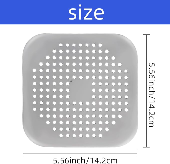 Bathtub Drain Hair Catcher 4 Pack, Silicone Stopper with Suction Cup | Fits shower & kitchen sink drains, prevents clogs, reusable, easy to clean, durable, grey, fits flat & square drains