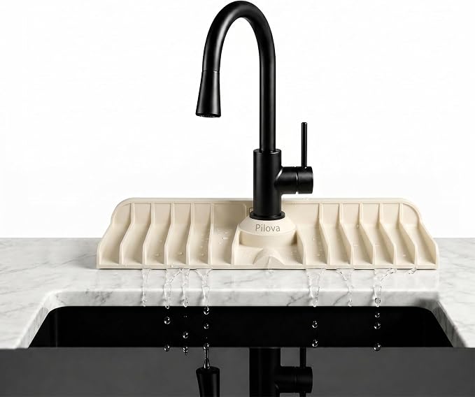 Premium Kitchen Sink Splash Guard – 16" x 5.7" Silicone Faucet Mat with Secure Pressure Clip, True 10° 3D Drainage(No Pooling), Anti-Lift Design, Flexible Leak-Sealing Ring, Non-Slip Fit Behind Faucet
