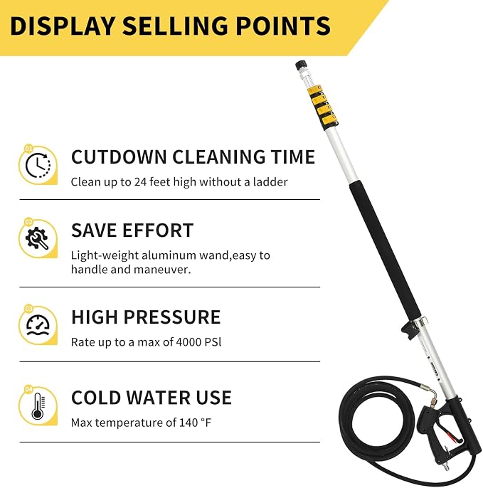 24 FT Telescoping Pressure Washer Wand with Pressure Washer Extension Wand, Brush Head, Gutter Cleaner, 5 Spray Nozzle Tips, 2 Hose Adapters and Support Belt