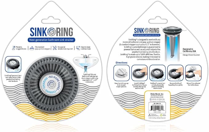 SinkRing Bathroom Sink Drain Protector & Strainer for Stoppers, Charcoal | Easy snap-in design. Precision clog-free trap prevents loss of earrings, jewelry or contacts. Fits 1.37" - 1.57" stoppers.