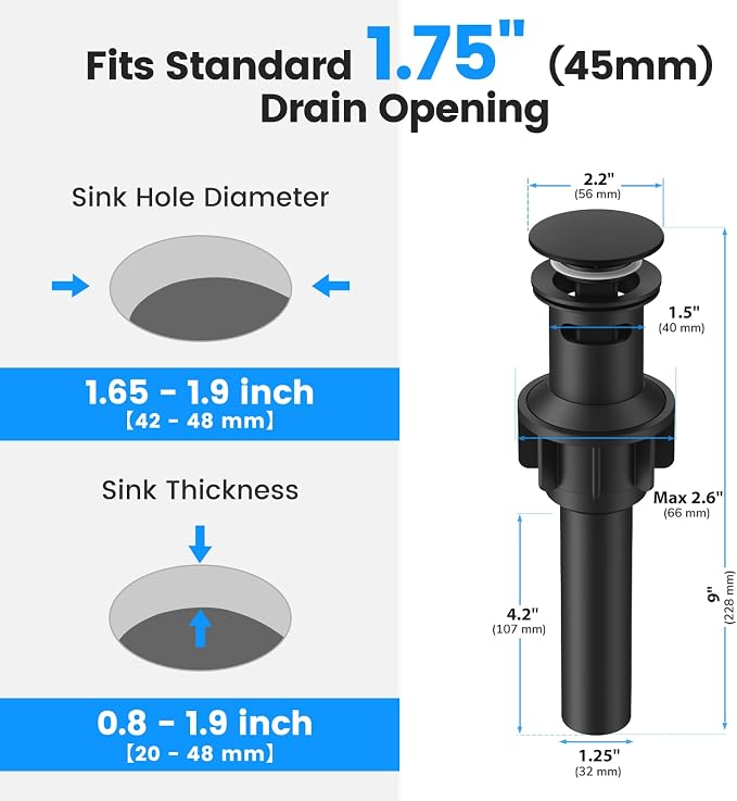 Bathroom Sink Drain with Overflow with Hair Catcher Anti-Clog Sink Strainer | Hurran Matte Black Bathroom Sink Stopper for 1.65"-1.9" Hole, Plastic Pop-up Drain for Bathroom Vanity Vessel Sink