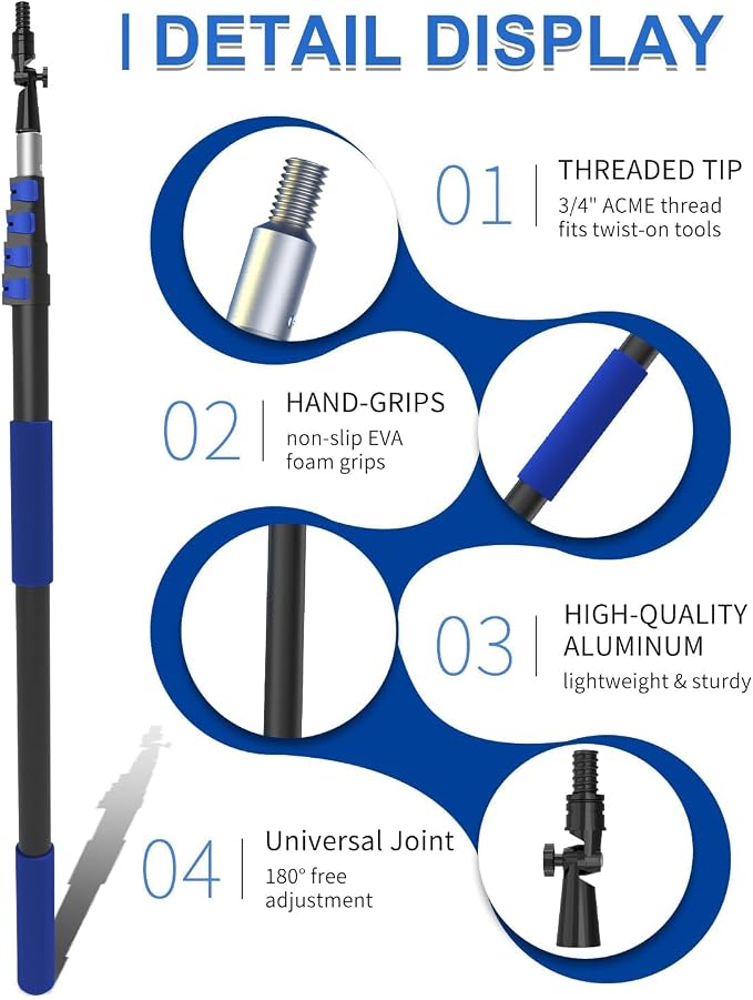 26 Foot High Reach Duster Kit with 5-20 ft Telescoping Extension Pole, High Ceiling Duster, Cobweb Duster, Window Squeegee, Feather Duster, Outdoor & Indoor Extendable Duster Cleaning Kit