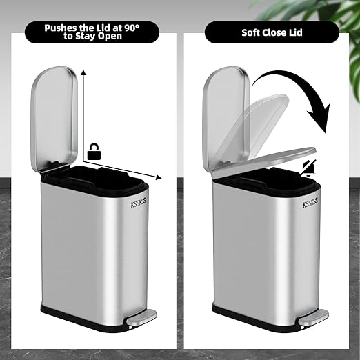 2.6 Gallon Slim Bathroom Trash Can with Soft Close Lid, 10L Stainless Steel Garbage Can with Removable Liner Bucket, for Narrow Spaces,Bathroom, Bedroom (Silver)