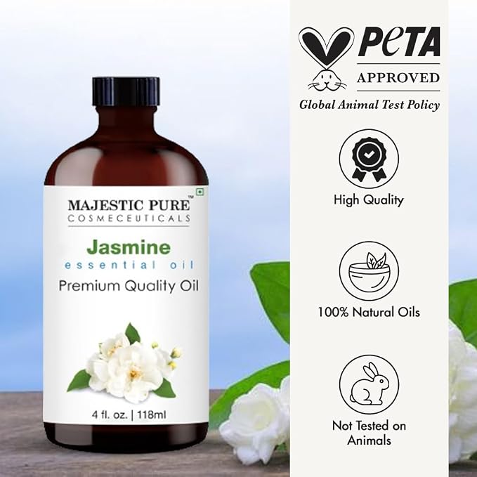 Majestic Pure Jasmine Essential Oil for Diffuser - 4 Fl Oz | 100% Pure & Natural Essentials Oils for aromatherapy, massage blends and DIY home fragrance projects, Massage and room sprays