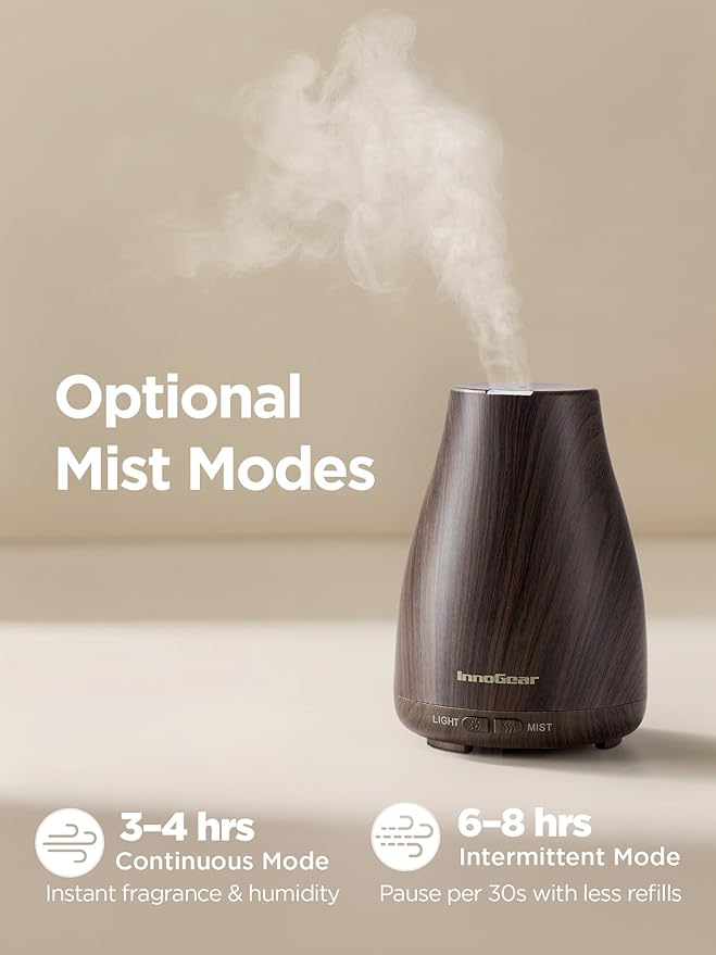 InnoGear Essential Oil Diffuser Ultrasonic Diffusers for Home Scent, Brown | Cool Mist Humidifier, Aromatherapy, Large Room, Run up to 8hrs, Waterless Auto Off, 7 Lights, Living Room, Quiet Operation