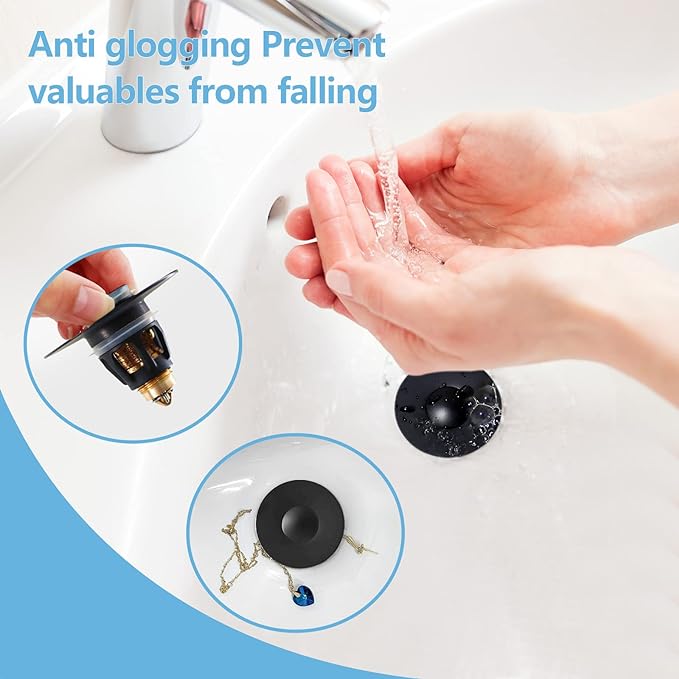 QYHNYJF Black Bathroom Sink Stopper – Pop Up Drain Stopper & Sink Strainer, Universal Sink Plug for 1.1" to 1.5" Bathroom Sink Drain Pipes, Matte Black Finish
